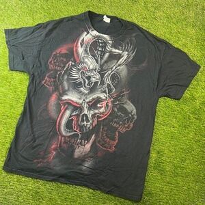 Y2K vintage Gildan black skull and dragon graphic tee Size XL